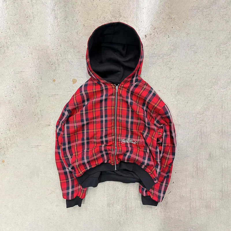 Washed Two Side Plaid Zip Hoodie