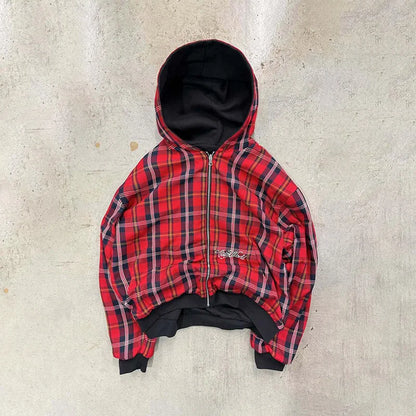 Washed Two Side Plaid Zip Hoodie