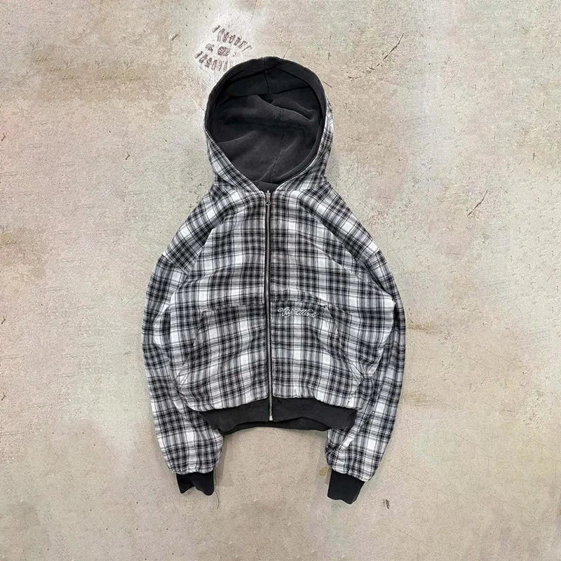 Washed Two Side Plaid Zip Hoodie