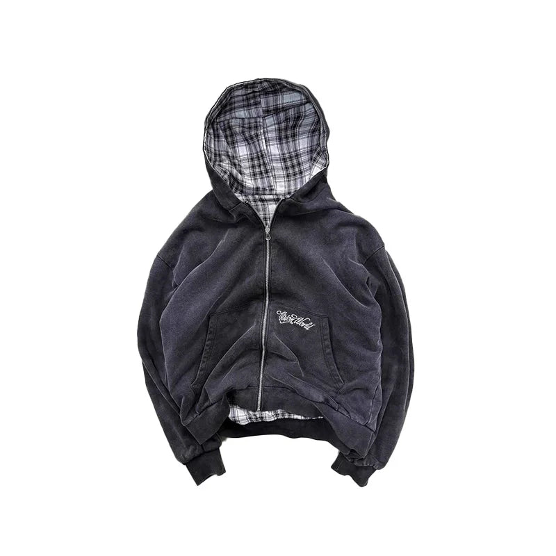 Washed Two Side Plaid Zip Hoodie