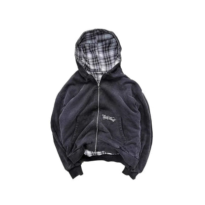 Washed Two Side Plaid Zip Hoodie