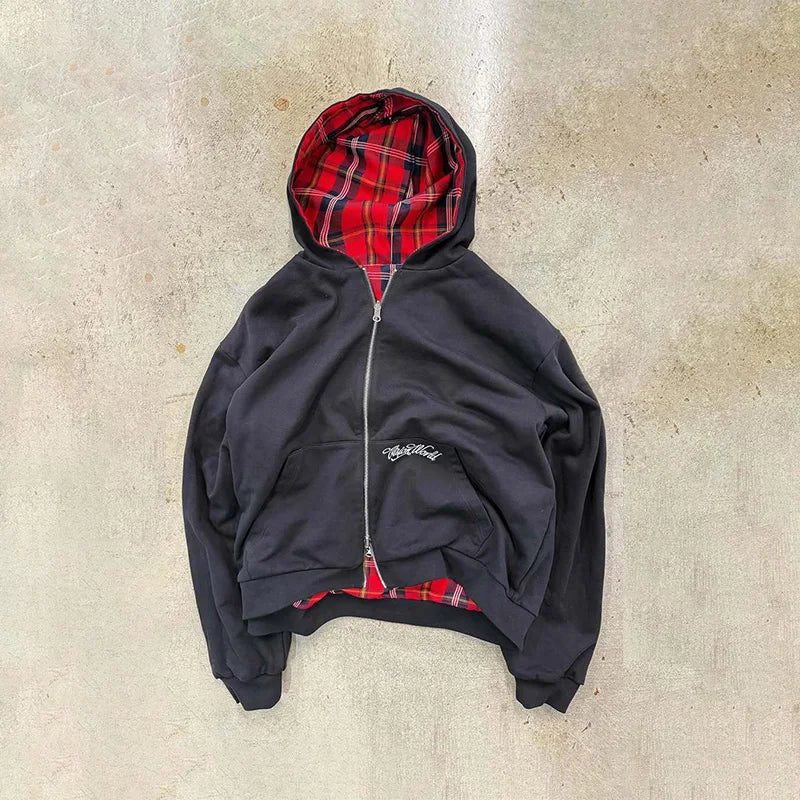 Washed Two Side Plaid Zip Hoodie