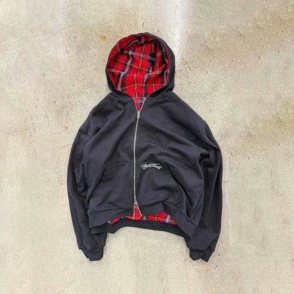 Washed Two Side Plaid Zip Hoodie
