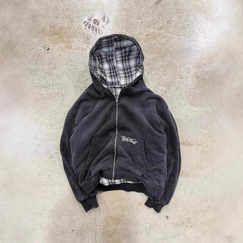 Washed Two Side Plaid Zip Hoodie
